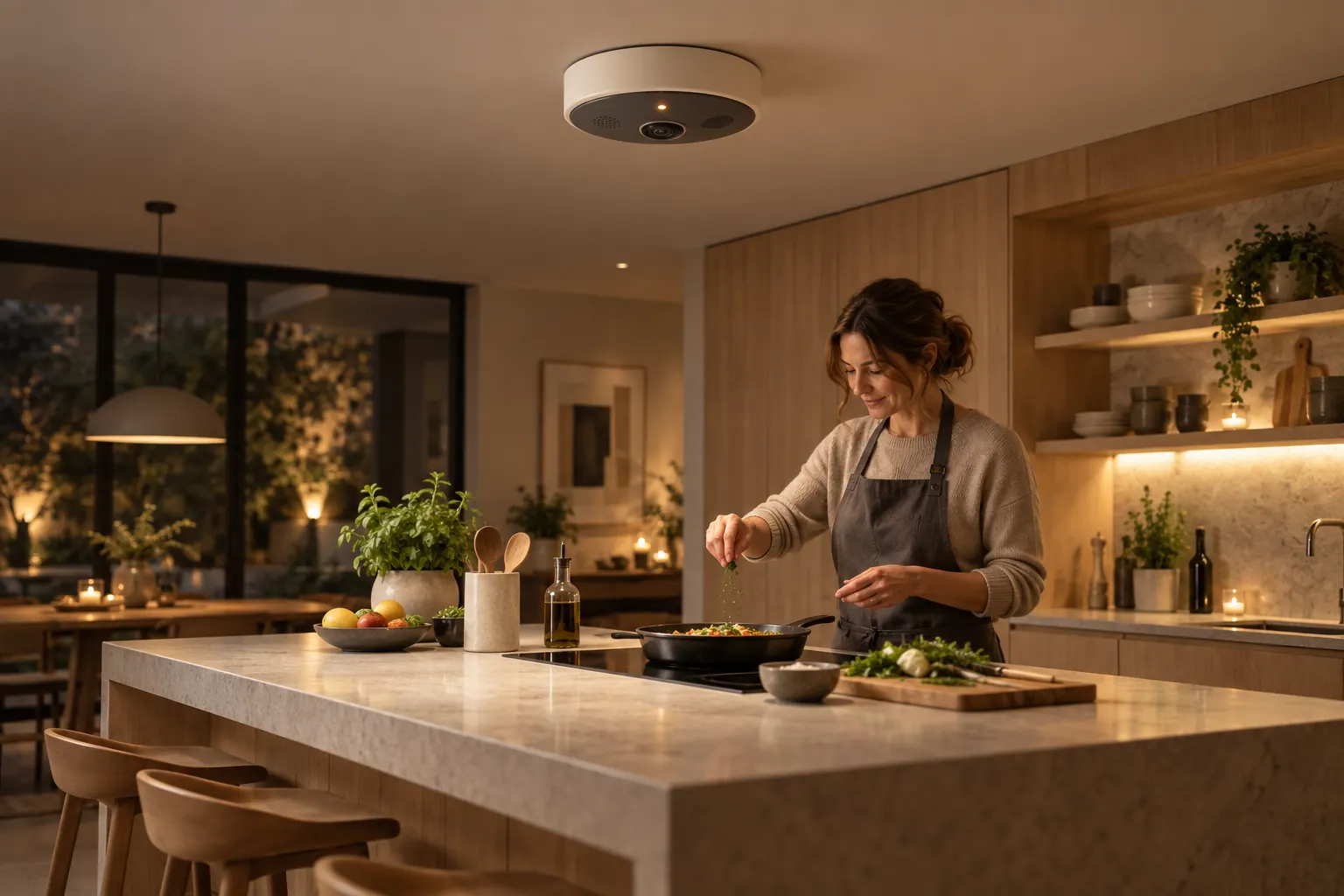 Concept render: a small ceiling puck aligned above a kitchen island.