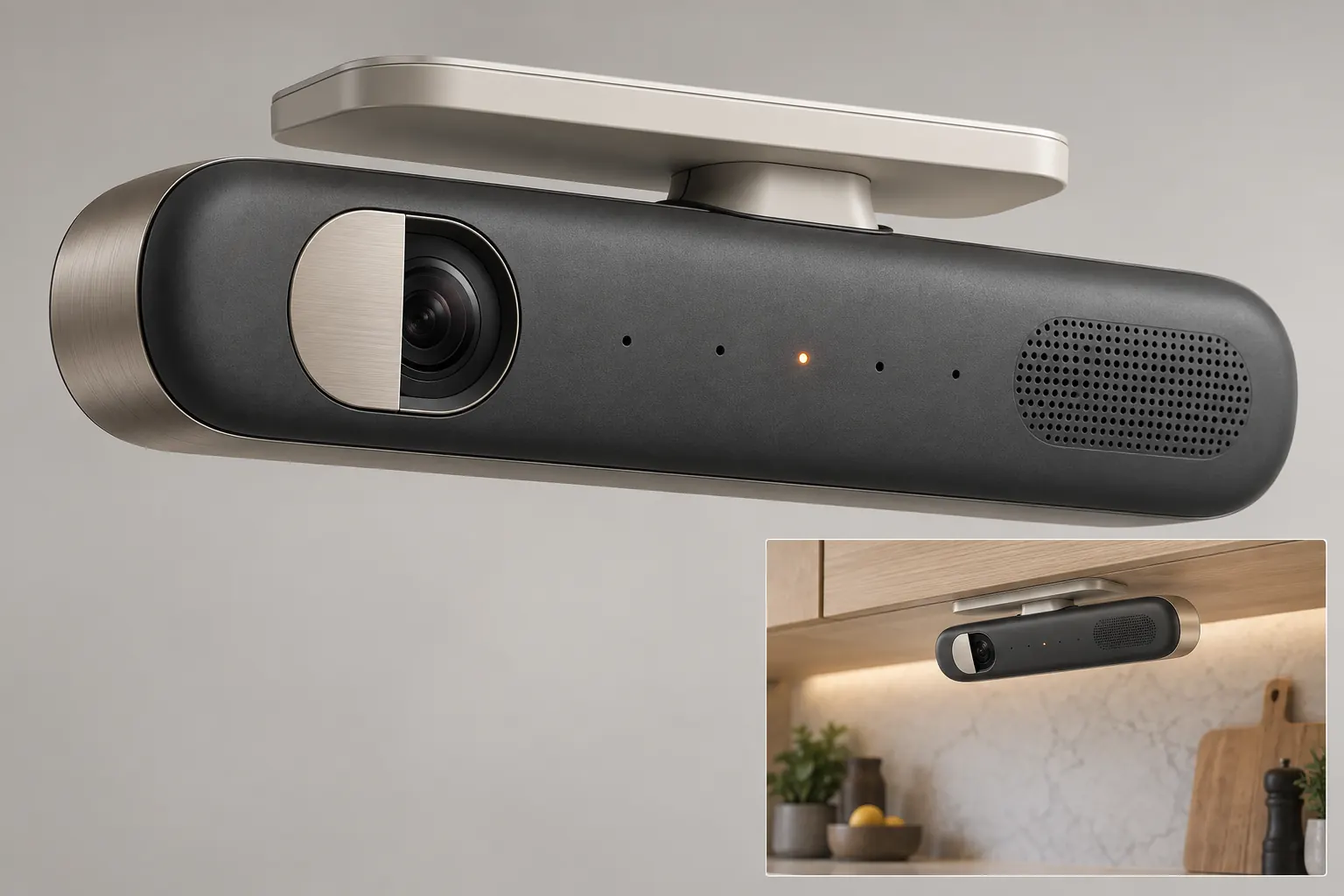 Concept render: close-up of an overhead vision and audio unit.