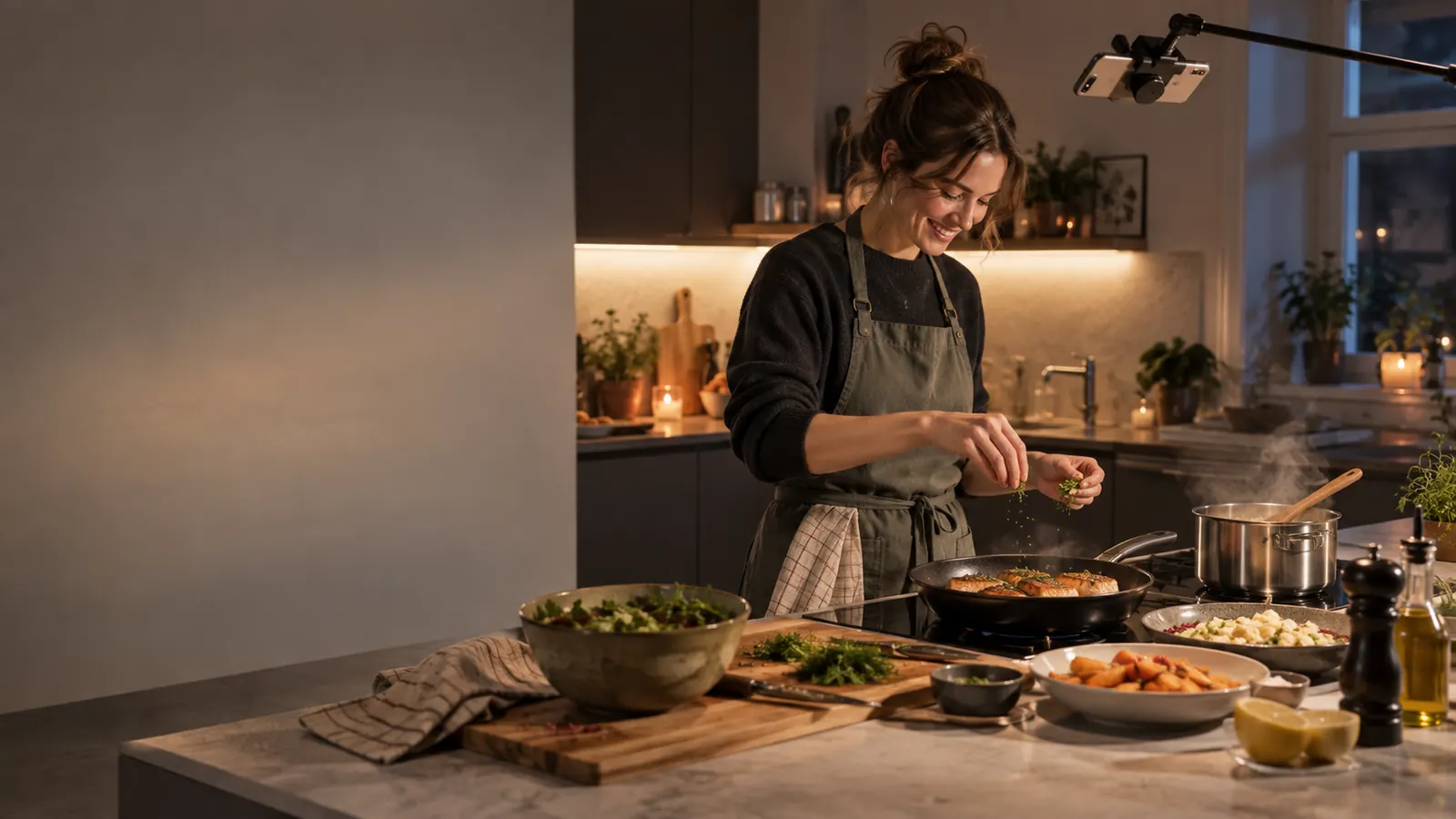 Concept render: a phone mounted above a kitchen counter, capturing the work surface during a cooking session.